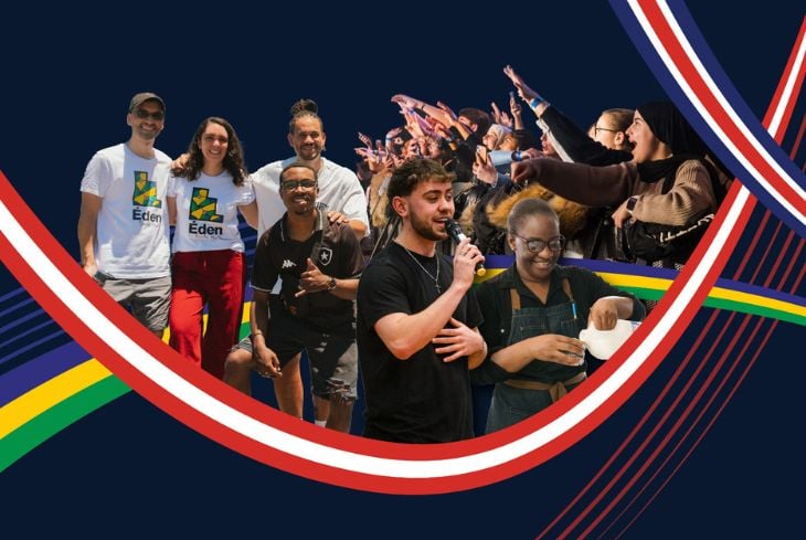 Collage of Message Trust volunteers and a worshipping crowd with raised hands, over navy blue with red, white and green ribbon graphics